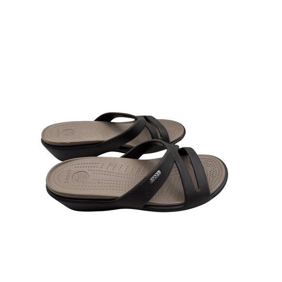 Crocs Size 10 Womens Brown & Beige Slip-On Wedge Sandals Criss-Cross Straps - Picture 2 of 8